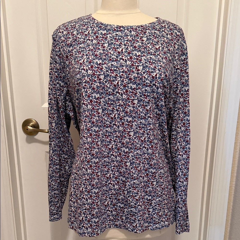 * Lands' End Women's Long-Sleeve Floral Crewneck in Blue and Red (sz 2X)